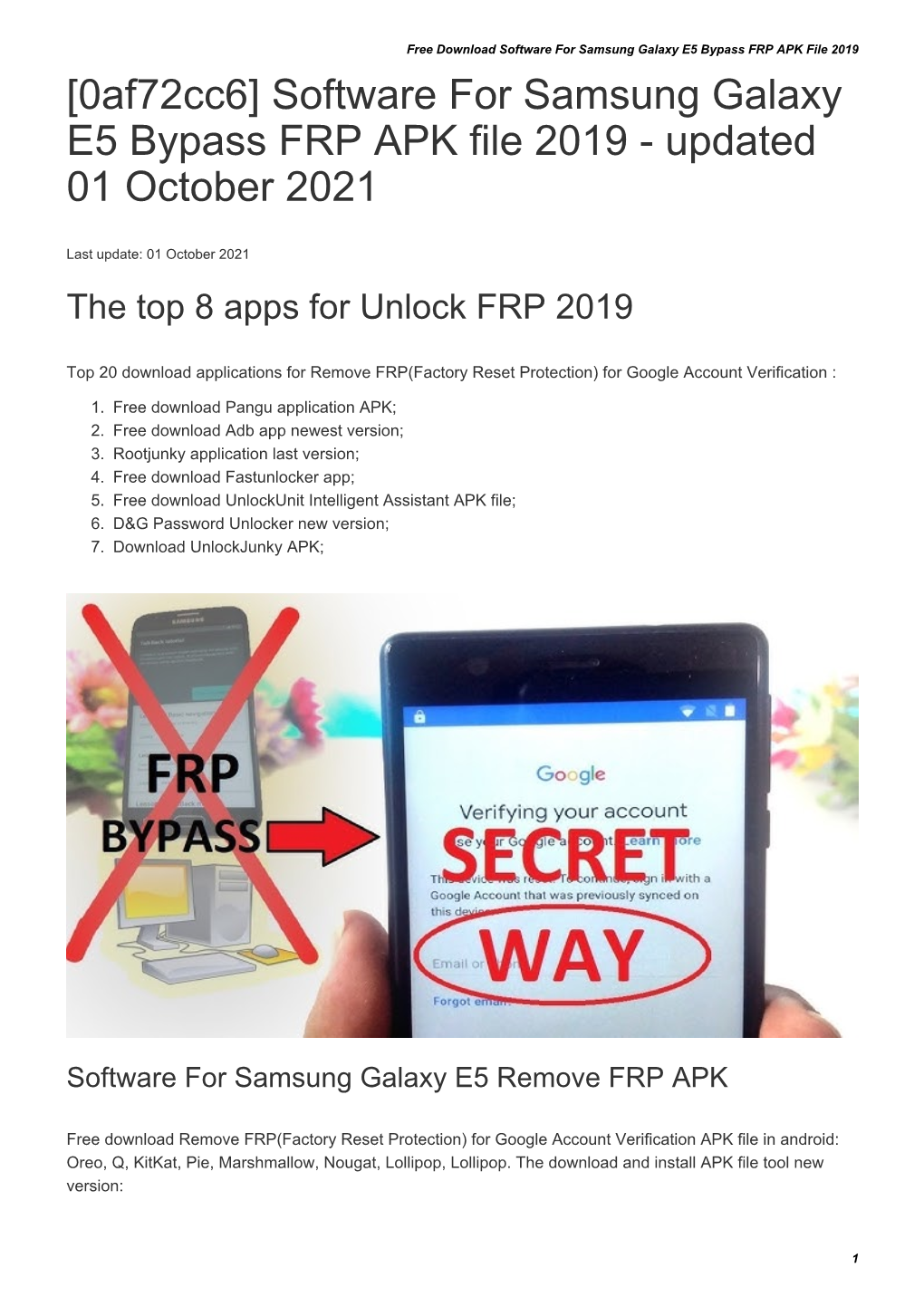Software for Samsung Galaxy E5 Bypass FRP APK File 2019 [0Af72cc6] Software for Samsung Galaxy E5 Bypass FRP APK File 2019 - Updated 01 October 2021