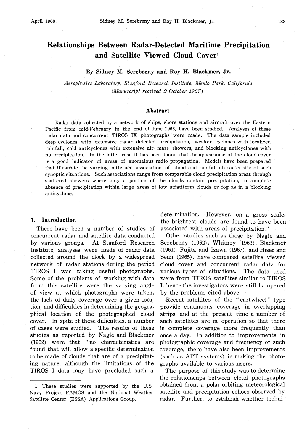 Relationships Between Radar-Detected Maritime Precipitation and Satellite Viewed Cloud Cover'