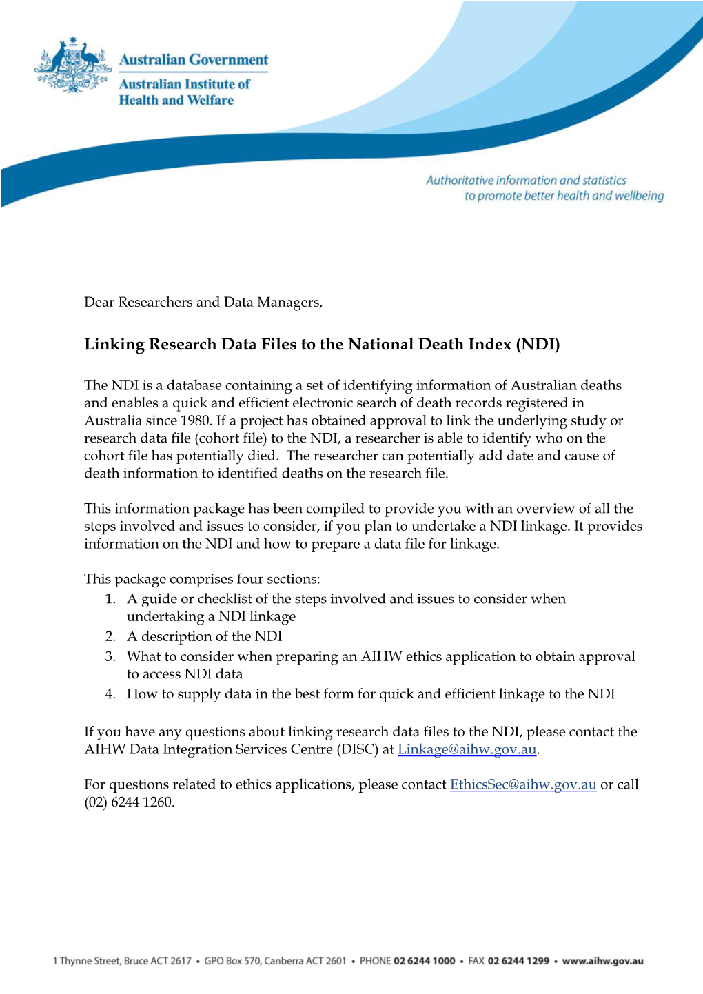 National Death Index (NDI) Data Provision Package (AIHW)