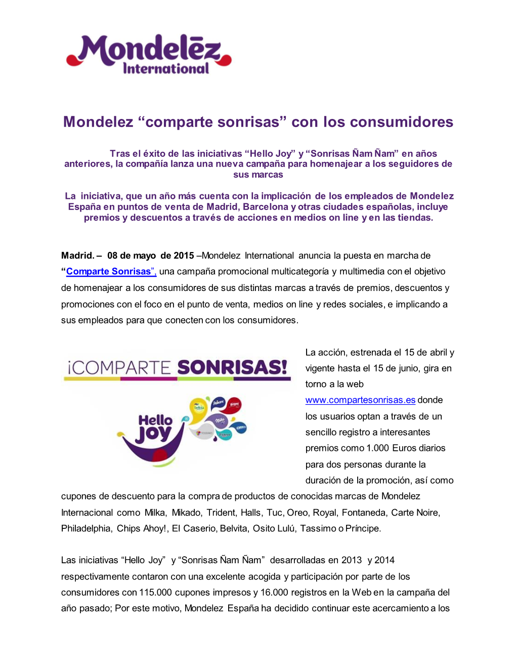 Mondelez “Comparte Sonrisas” Con Los Consumidores