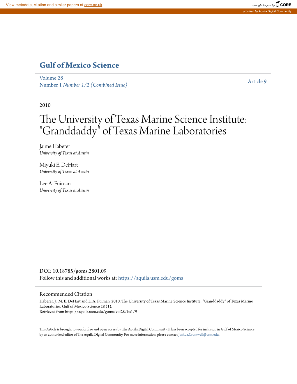 The University of Texas Marine Science Institute: "Granddaddy" Of