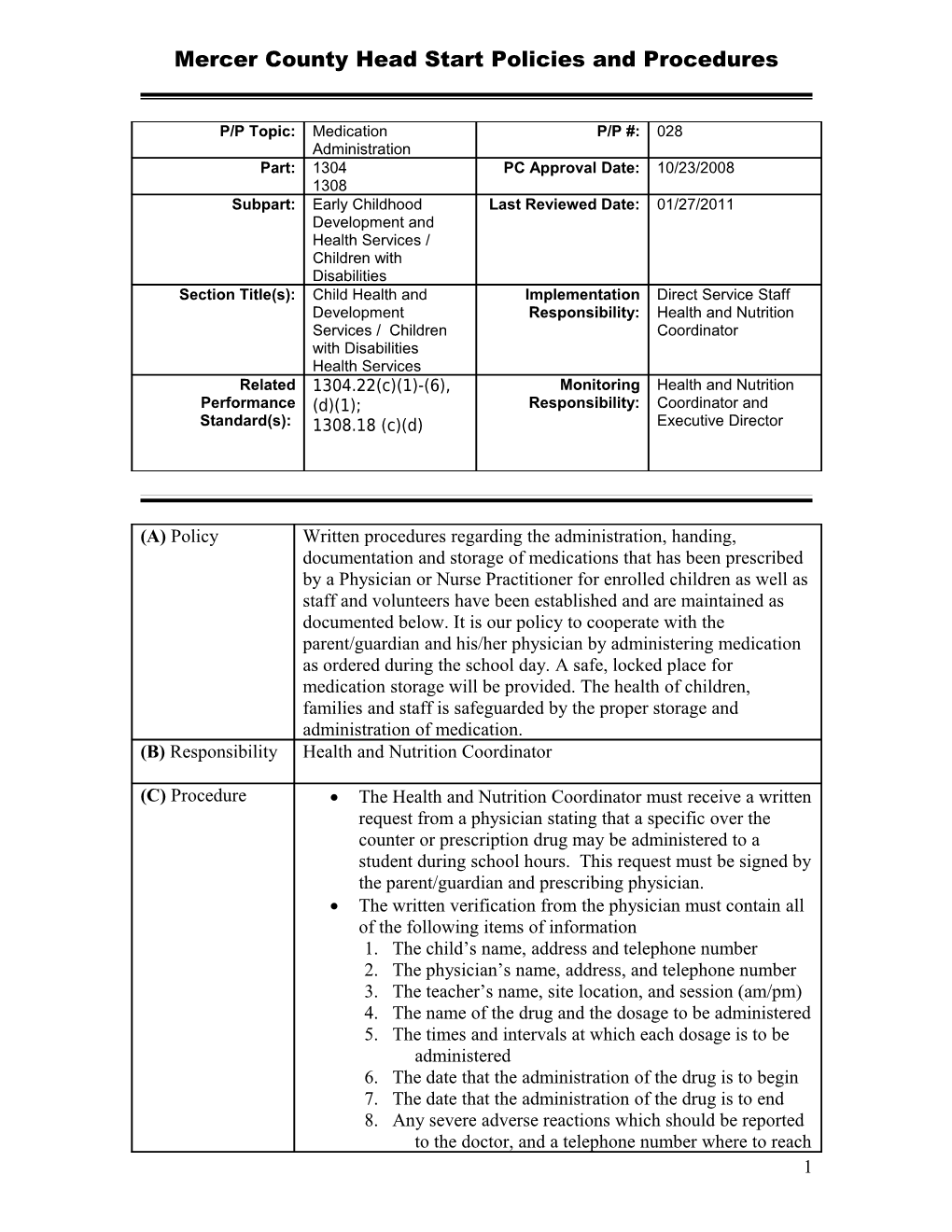 Mercer County Head Start Policies and Procedures