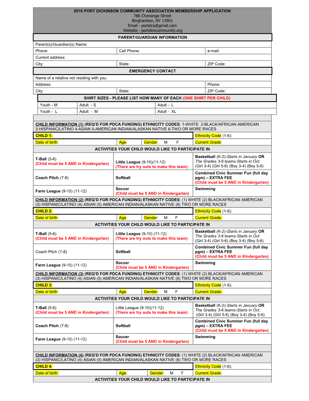 2016 Port Dickinson Community Association Membership Application