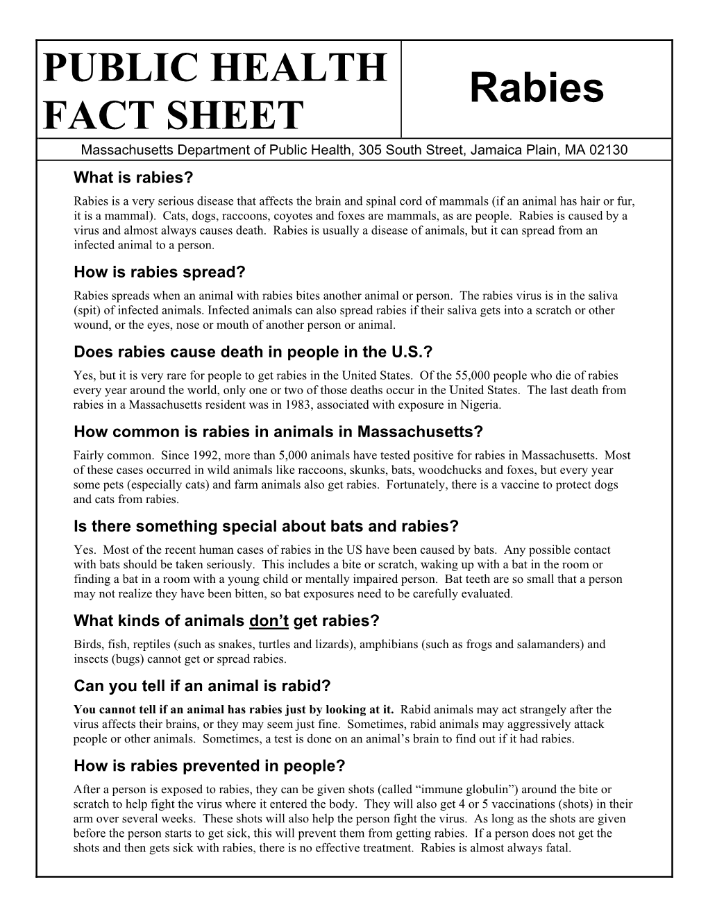 PUBLIC HEALTH FACT SHEET Rabies