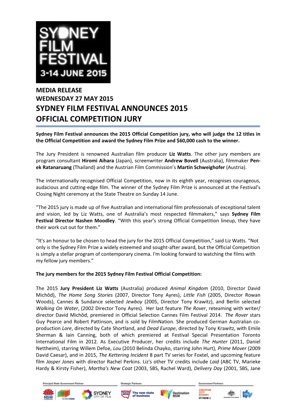 Sydney Film Festival Announces 2015 Official Competition Jury 27/05