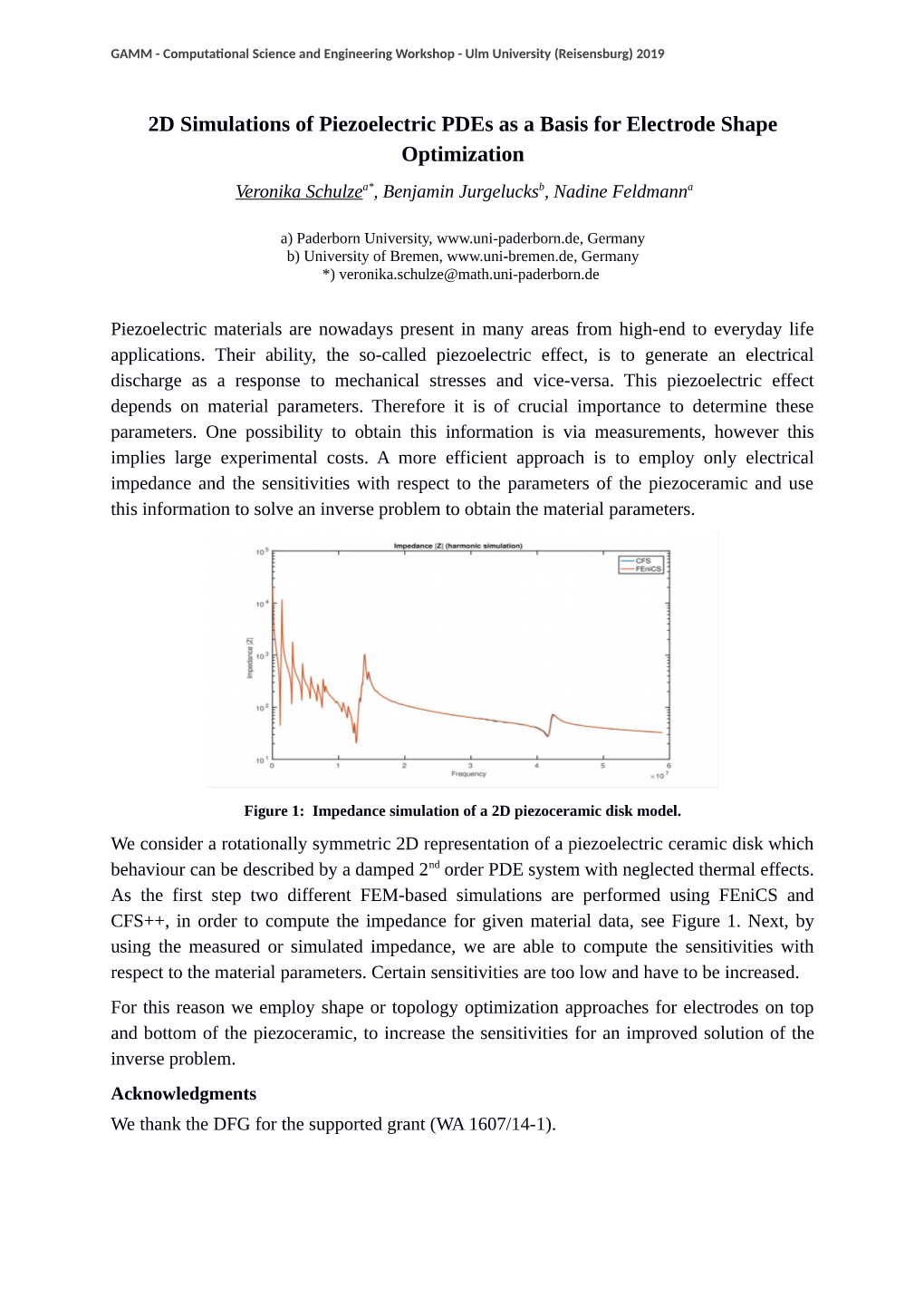 2D Simulations of Piezoelectric Pdes As a Basis for Electrode Shape Optimization Veronika Schulzea*, Benjamin Jurgelucksb, Nadine Feldmanna