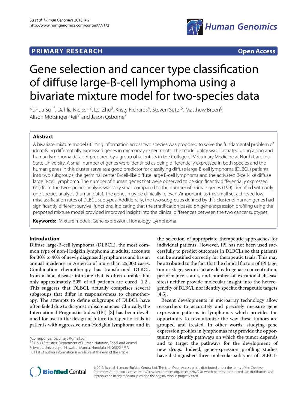 Gene Selection and Cancer Type Classification of Diffuse Large-B-Cell