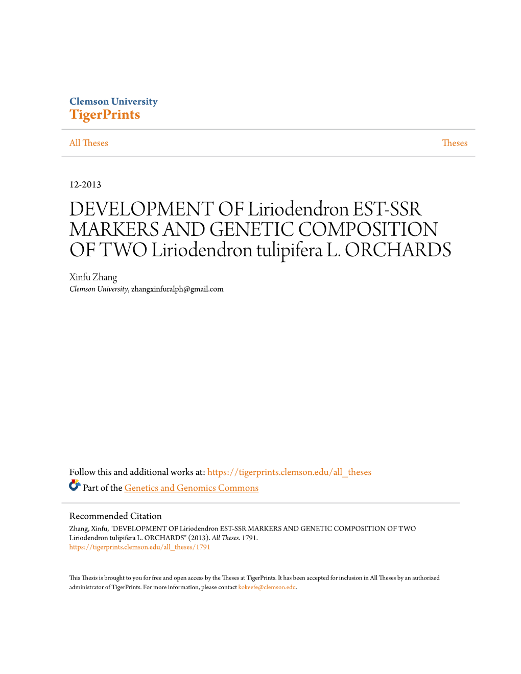 DEVELOPMENT of Liriodendron EST-SSR MARKERS and GENETIC COMPOSITION of TWO Liriodendron Tulipifera L