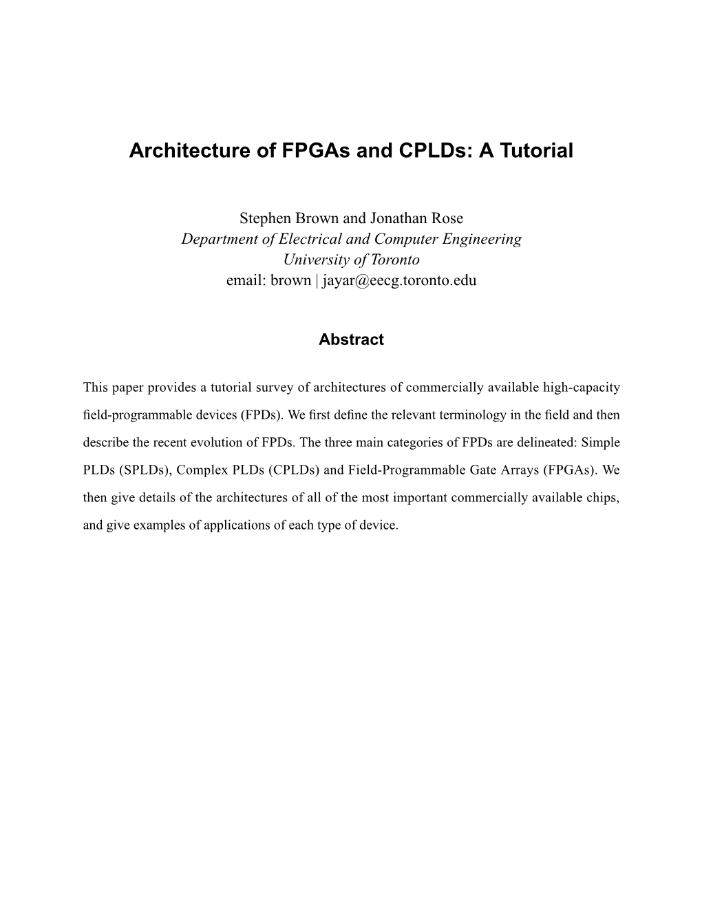 Architecture of Fpgas and Cplds: a Tutorial