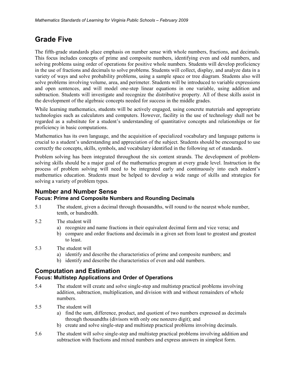 Mathematics Standards of Learning for Virginia Public Schools February 2009