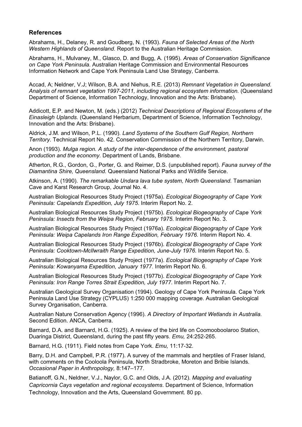 References for Regional Ecosystem Framework of Queensland