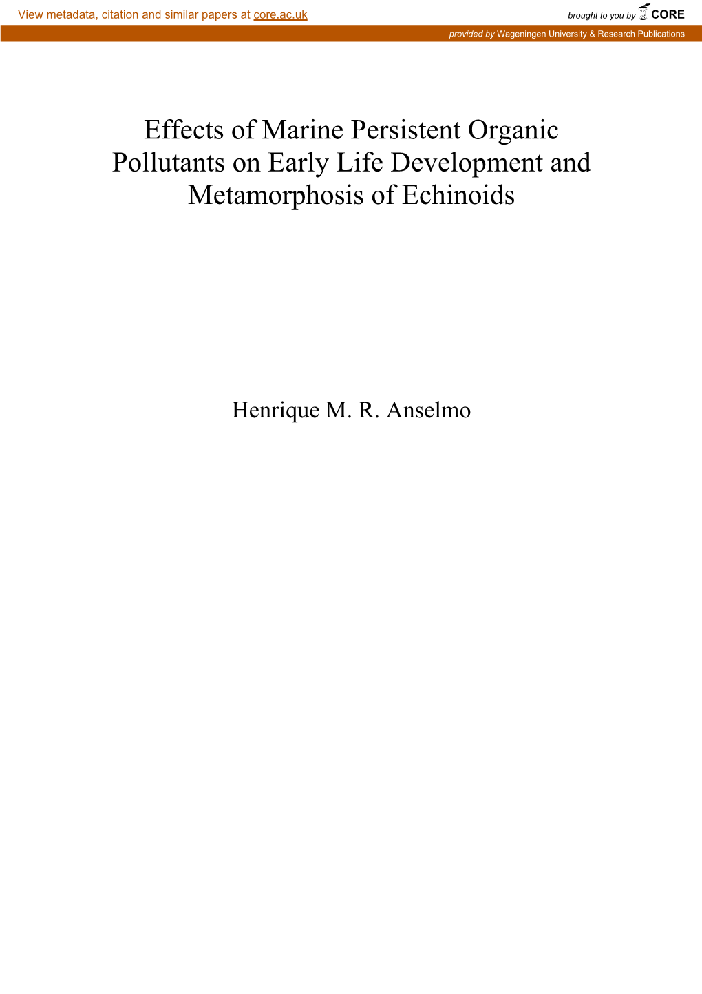 Effects of Marine Persistent Organic Pollutants on Early Life Development and Metamorphosis of Echinoids