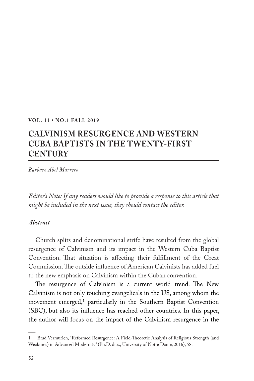 Calvinism Resurgence and Western Cuba Baptists in the Twenty-First Century