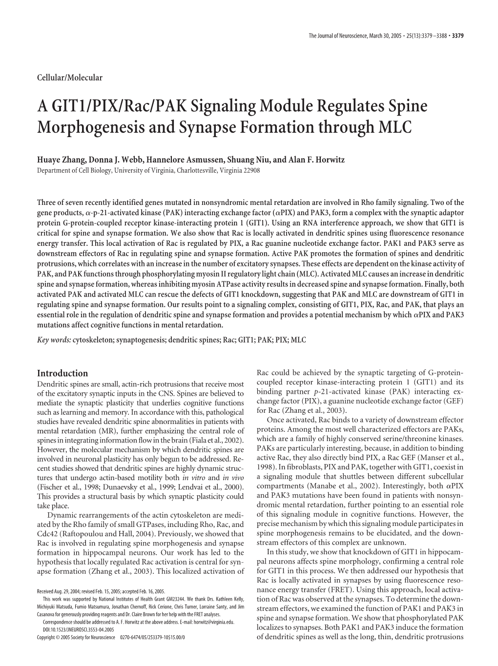 A GIT1/PIX/Rac/PAK Signaling Module Regulates Spine Morphogenesis and Synapse Formation Through MLC