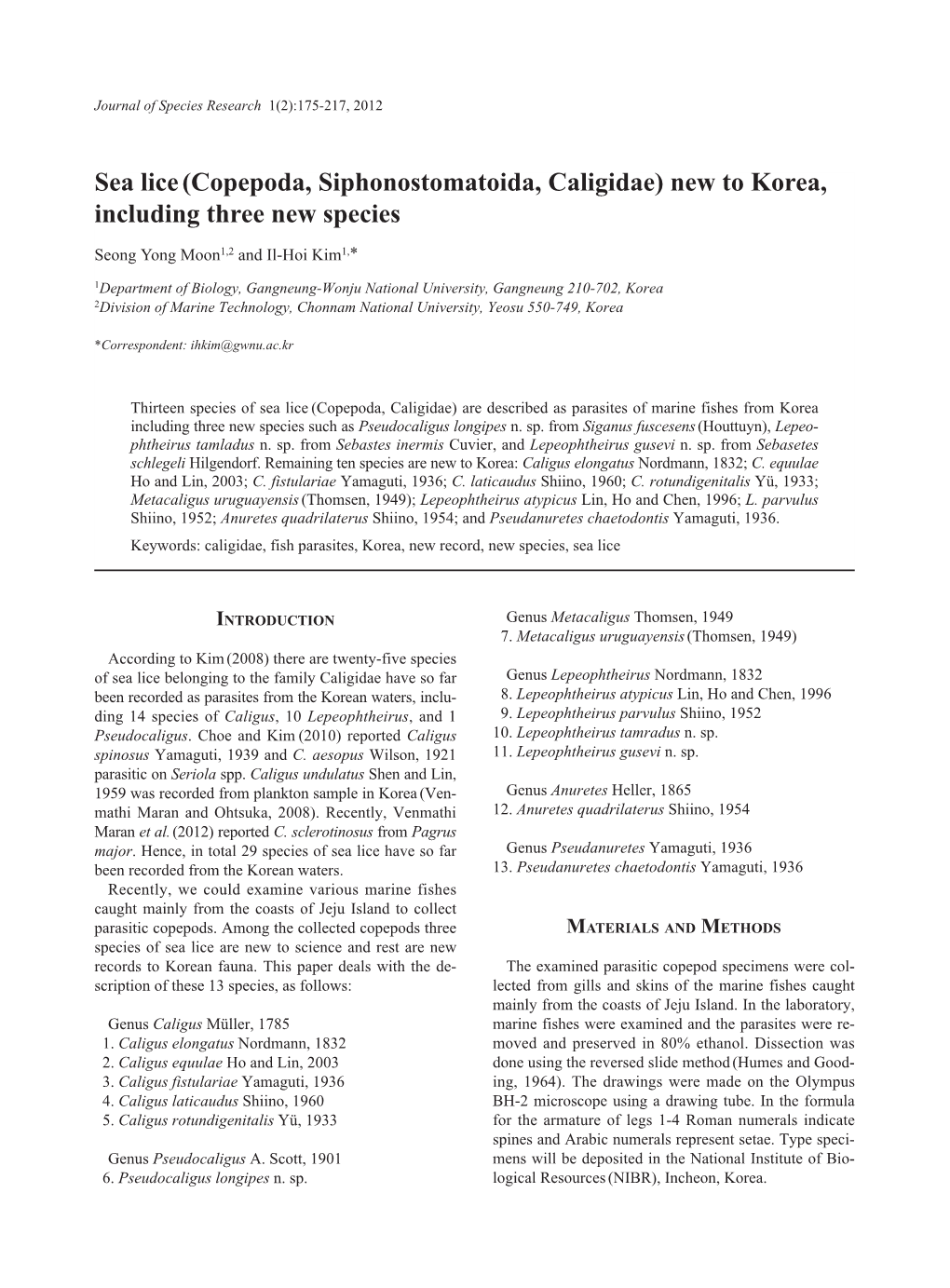 Sea Lice (Copepoda, Siphonostomatoida, Caligidae) New to Korea, Including Three New Species