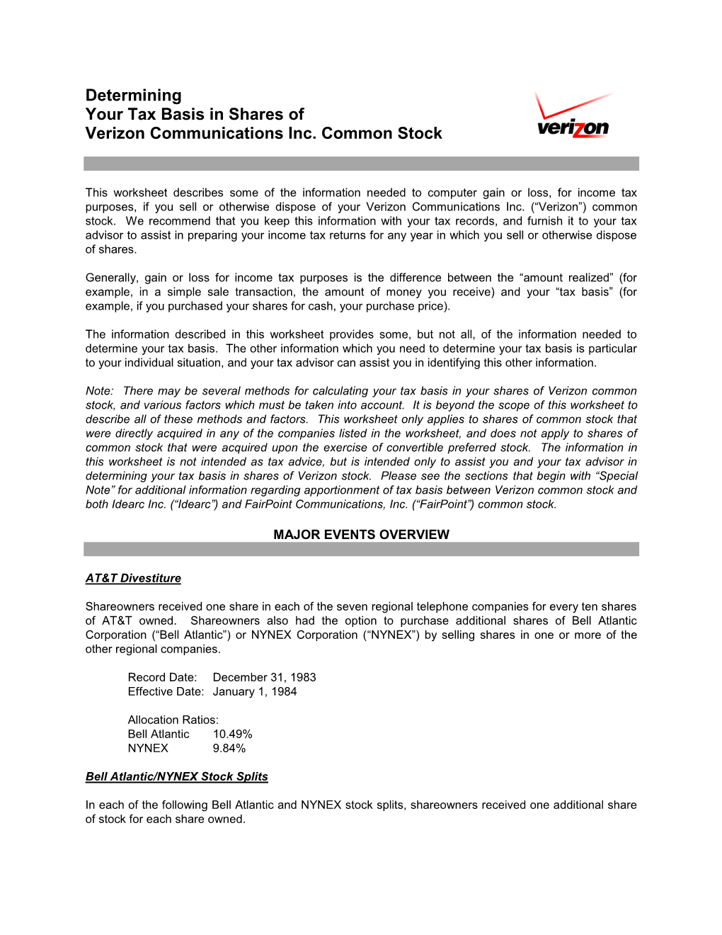 Determining Your Tax Basis in Shares of Verizon Communications Inc