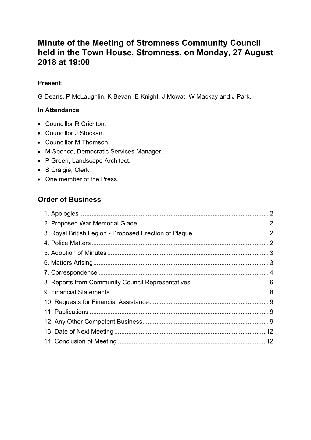 Minute of the Meeting of Stromness Community Council Held on 27 August 2018