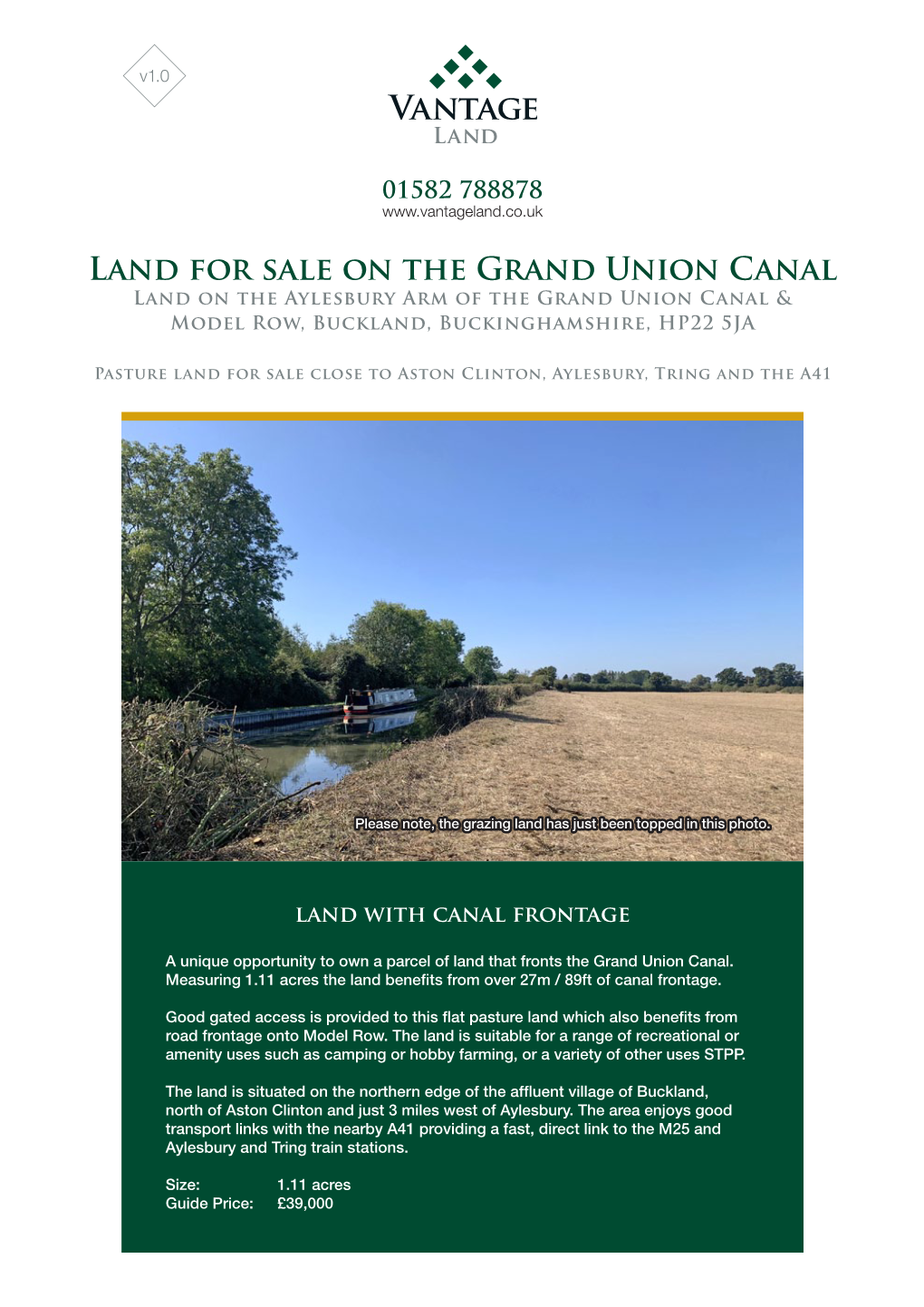 Land for Sale on the Grand Union Canal Land on the Aylesbury Arm of the Grand Union Canal & Model Row, Buckland, Buckinghamshire, HP22 5JA