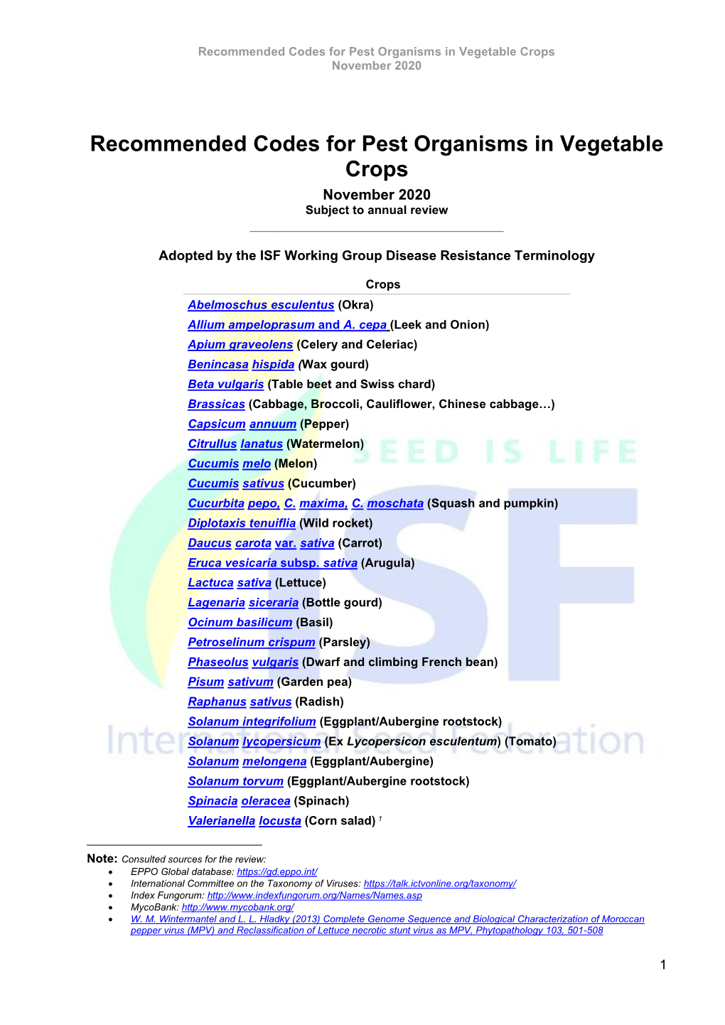 Recommended Codes for Pest Organisms in Vegetable Crops November 2020