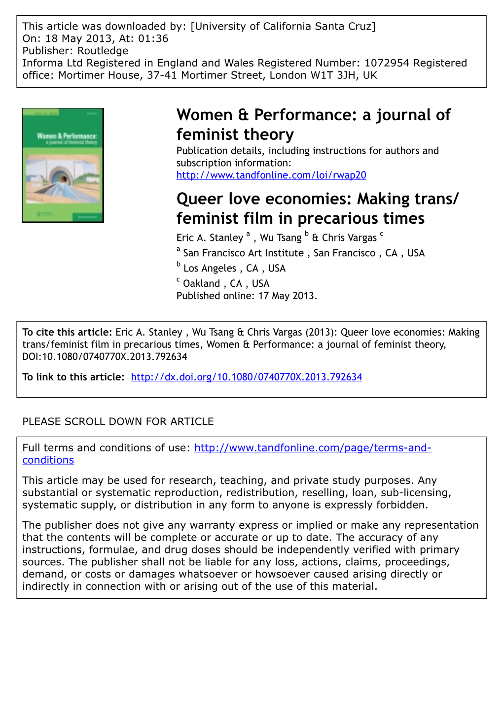 Queer Love Economies: Making Trans/ Feminist Film in Precarious Times Eric A