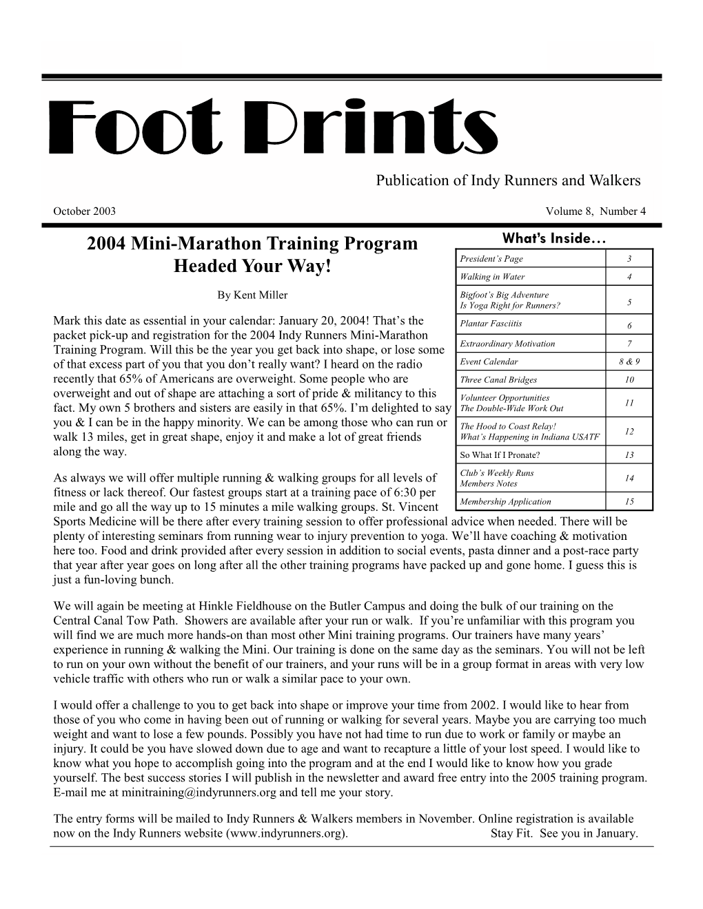 Foot Prints Page 1 Foot Prints Publication of Indy Runners and Walkers