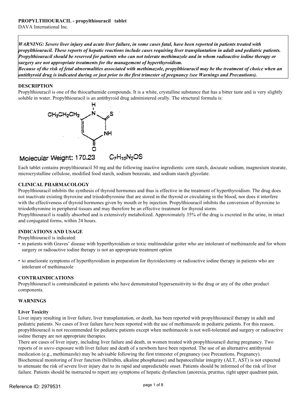 PROPYLTHIOURACIL - Propylthiouracil Tablet DAVA International Inc