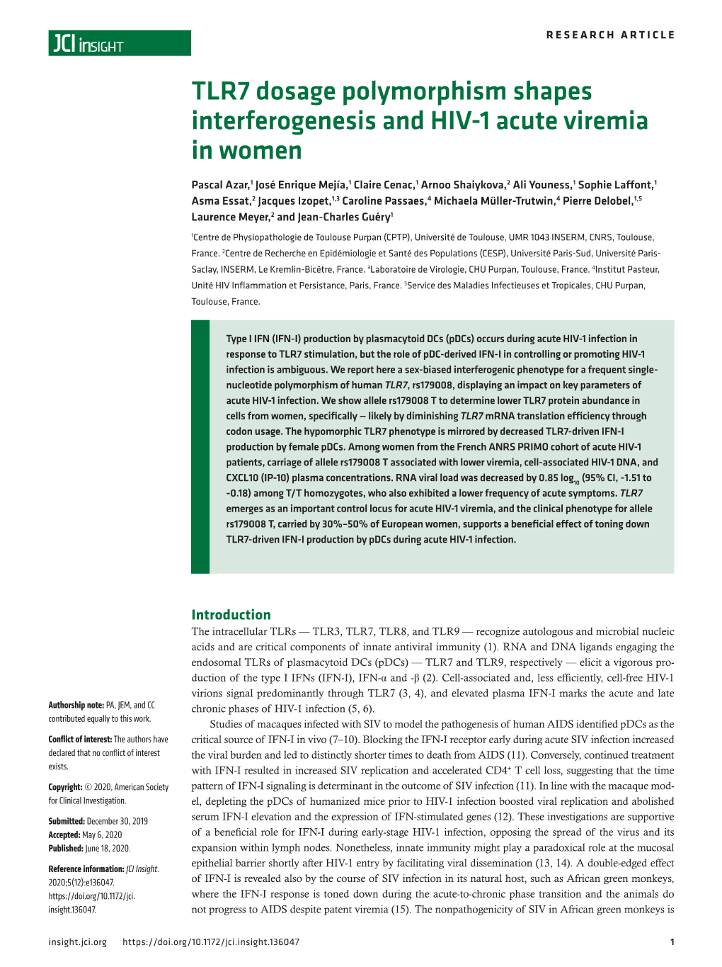 TLR7 Dosage Polymorphism Shapes Interferogenesis and HIV-1 Acute Viremia in Women