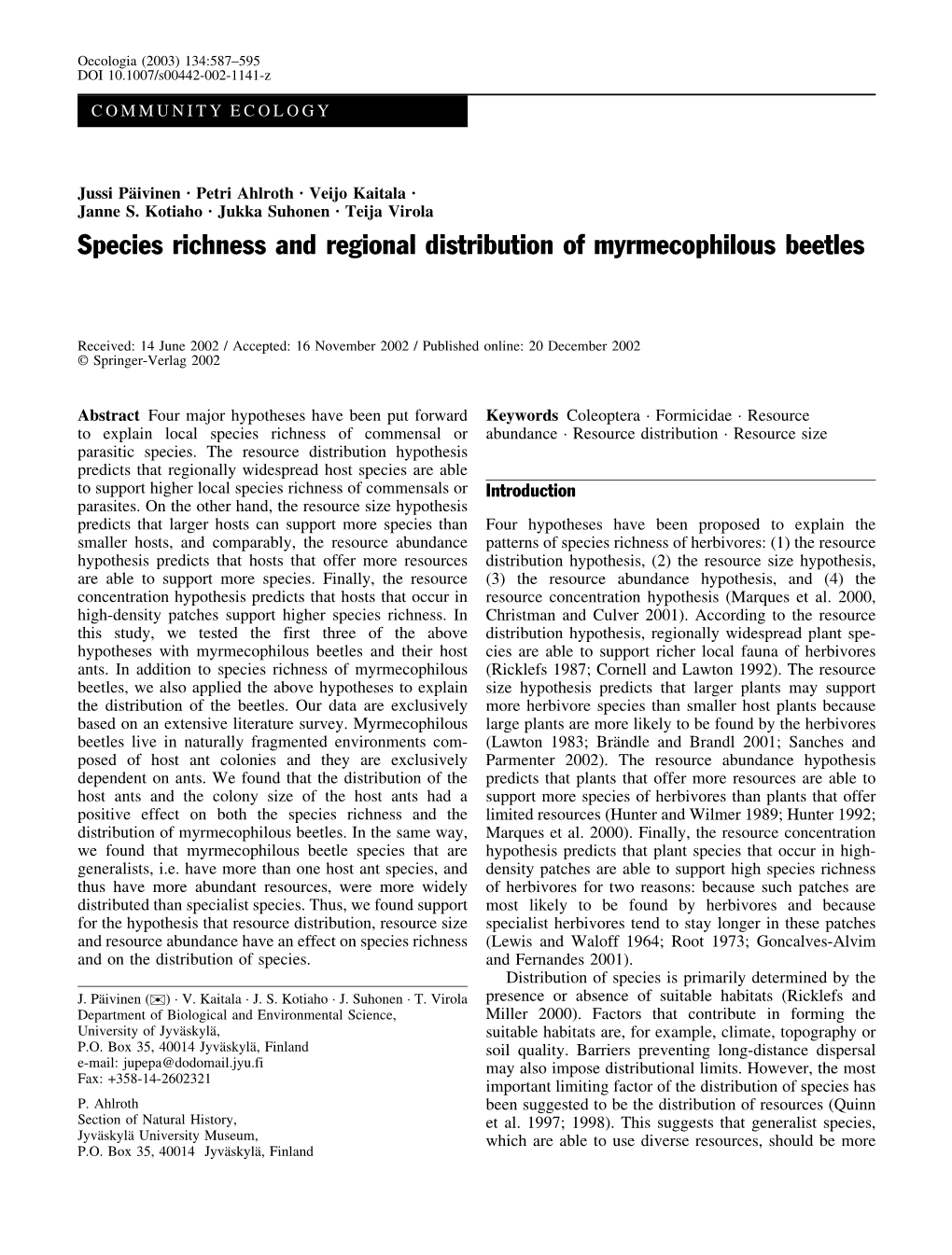 Species Richness and Regional Distribution of Myrmecophilous Beetles