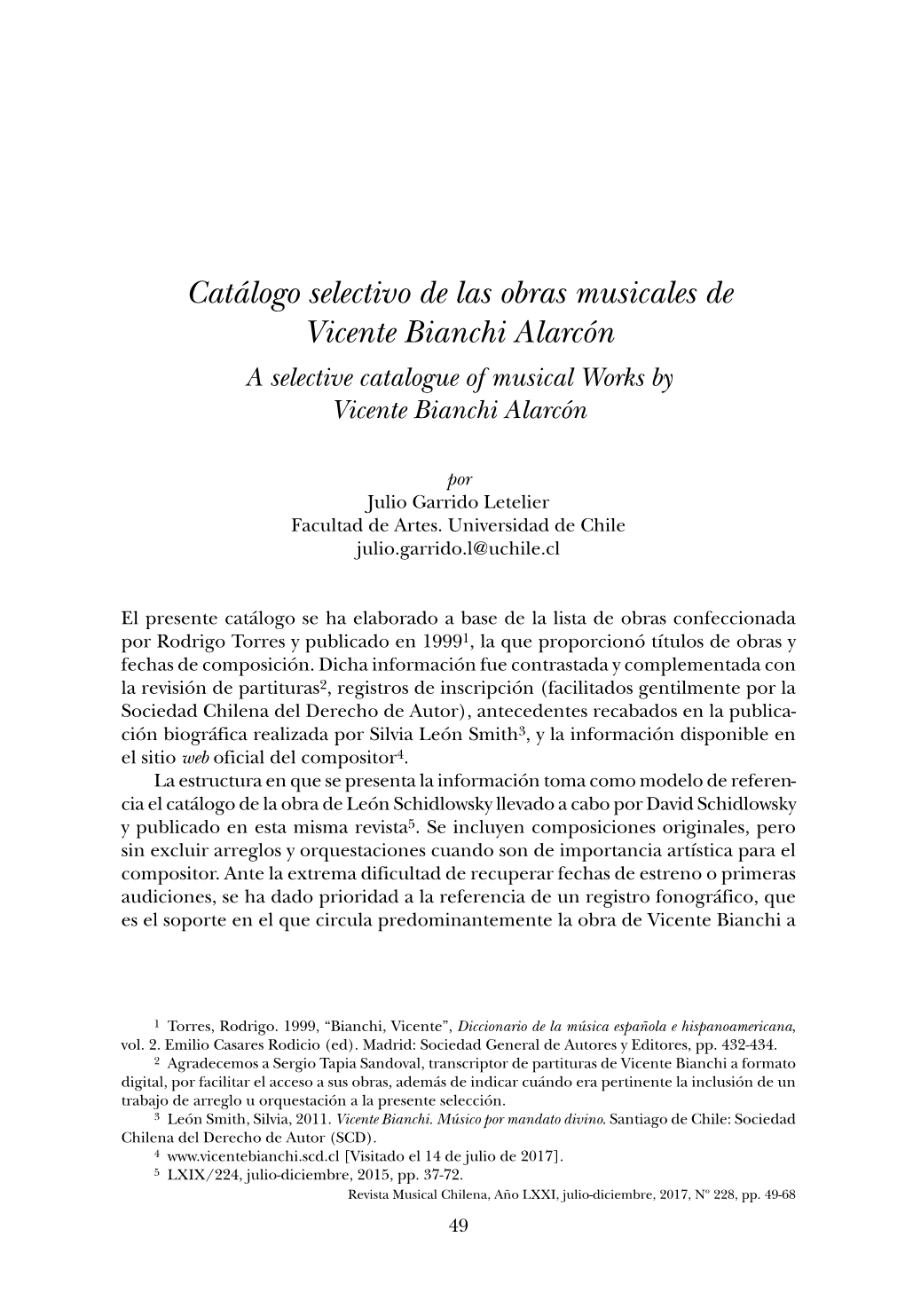 Catálogo Selectivo De Las Obras Musicales De Vicente Bianchi Alarcón a Selective Catalogue of Musical Works by Vicente Bianchi Alarcón