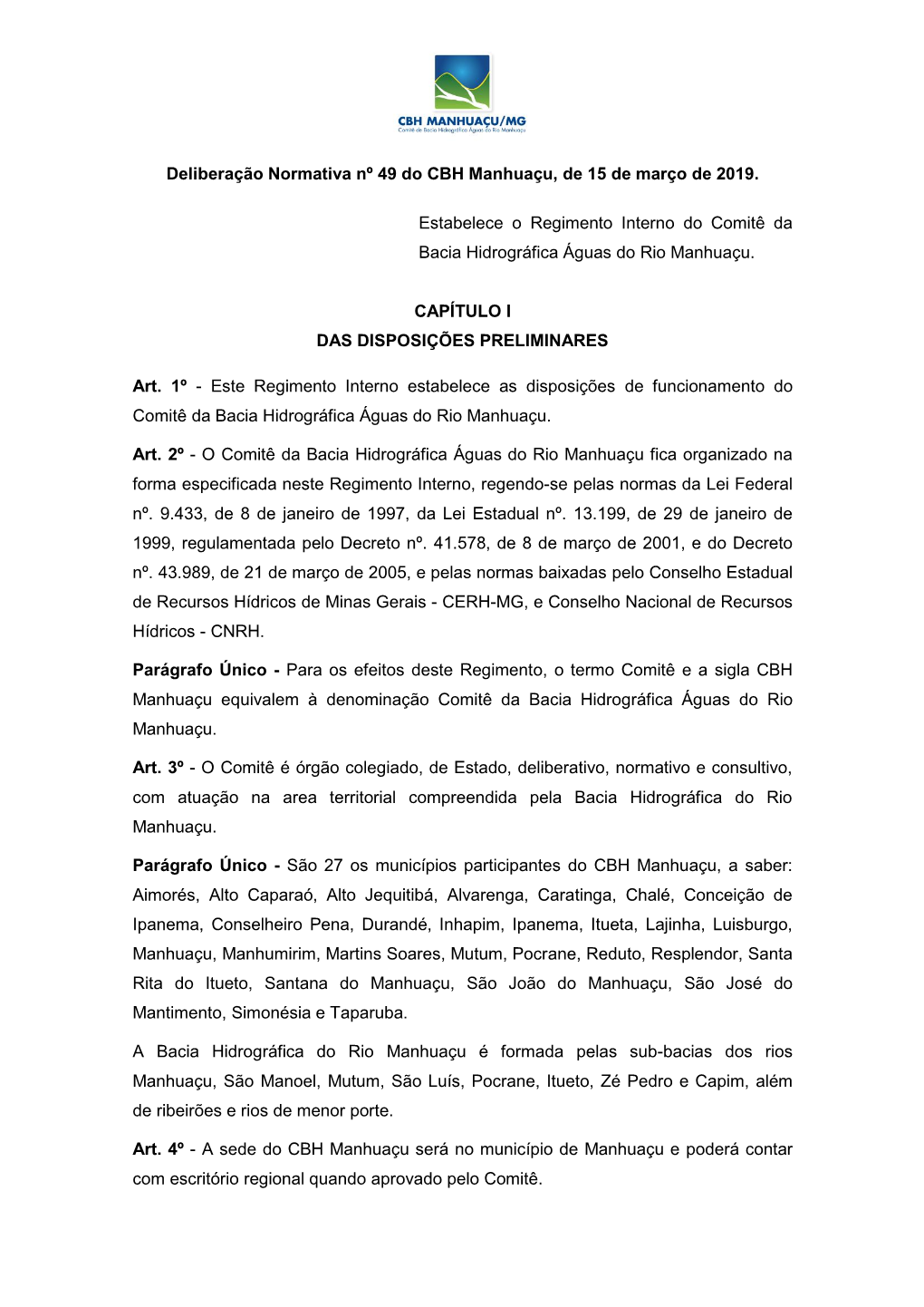 Deliberação Normativa Nº 49 Do CBH Manhuaçu, De 15 De Março De 2019