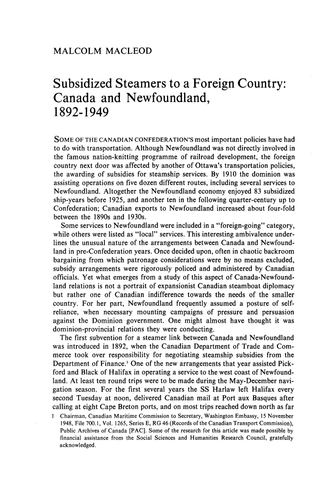 Subsidized Steamers to a Foreign Country: Canada and Newfoundland, 1892-1949