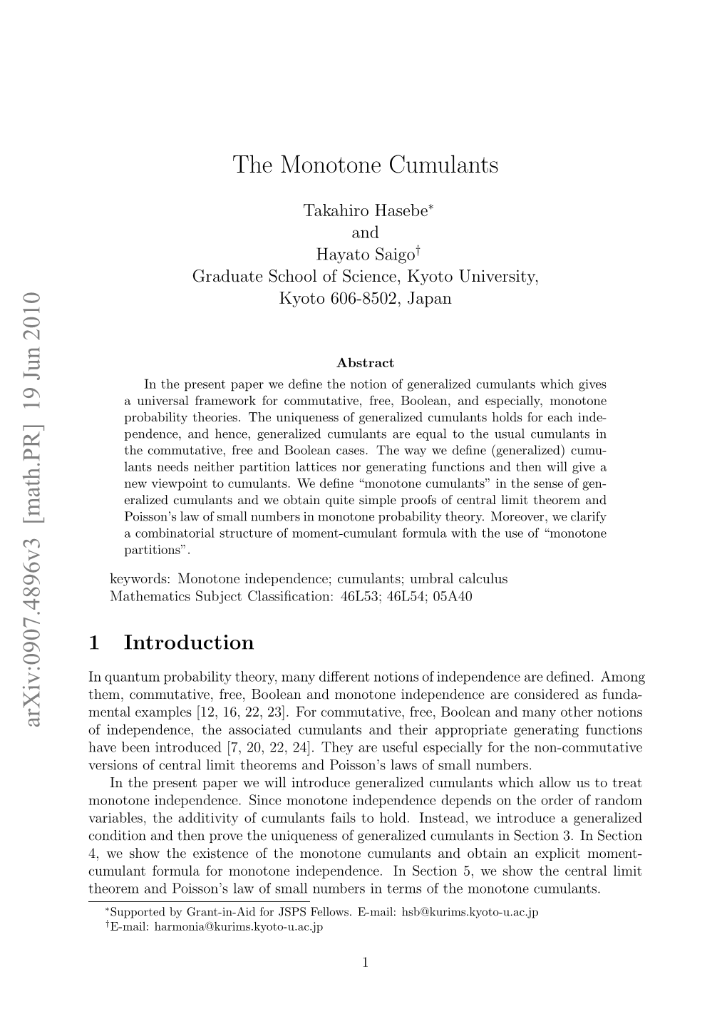 [Math.PR] 19 Jun 2010 the Monotone Cumulants