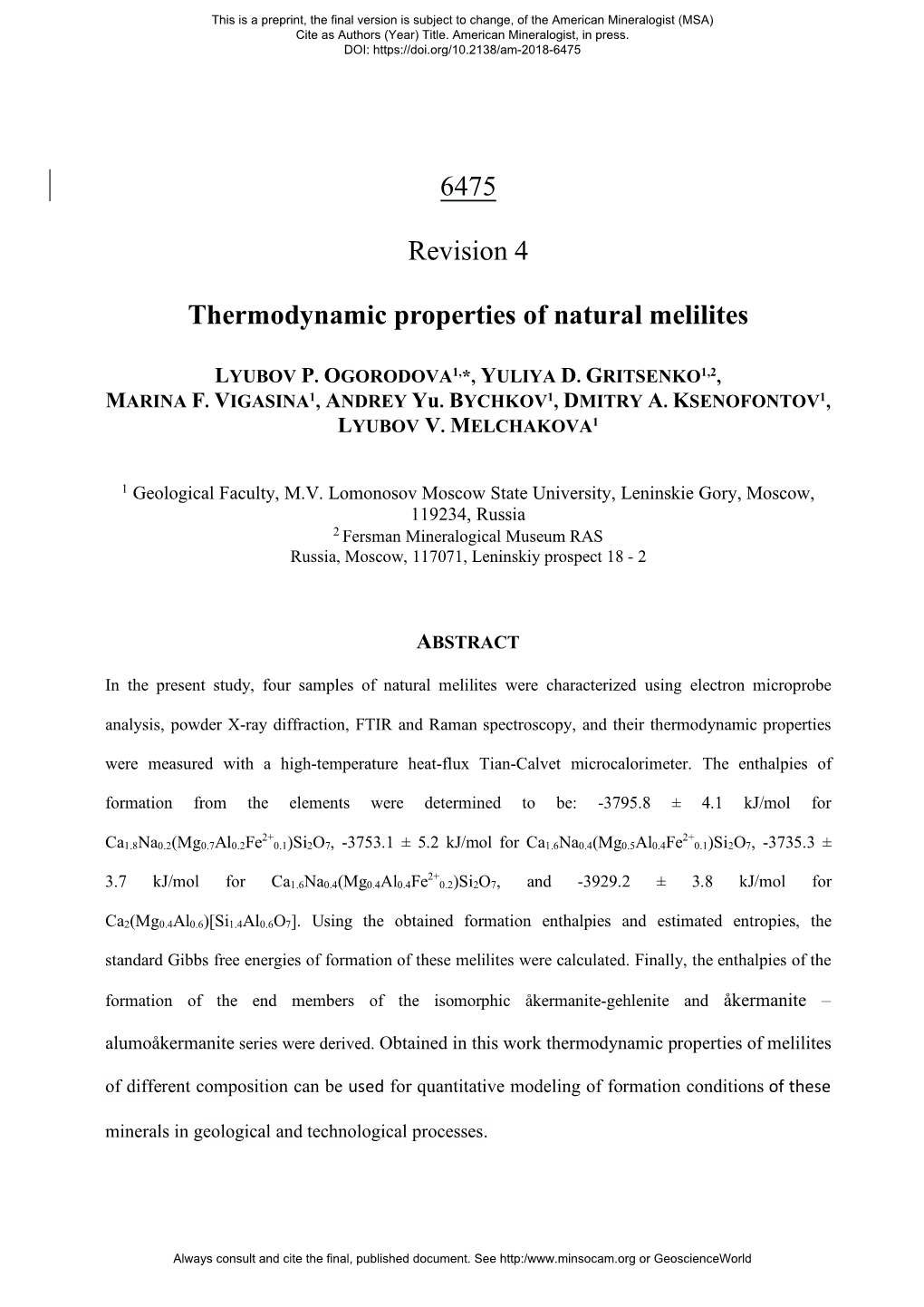 6475 Revision 4 Thermodynamic Properties of Natural Melilites