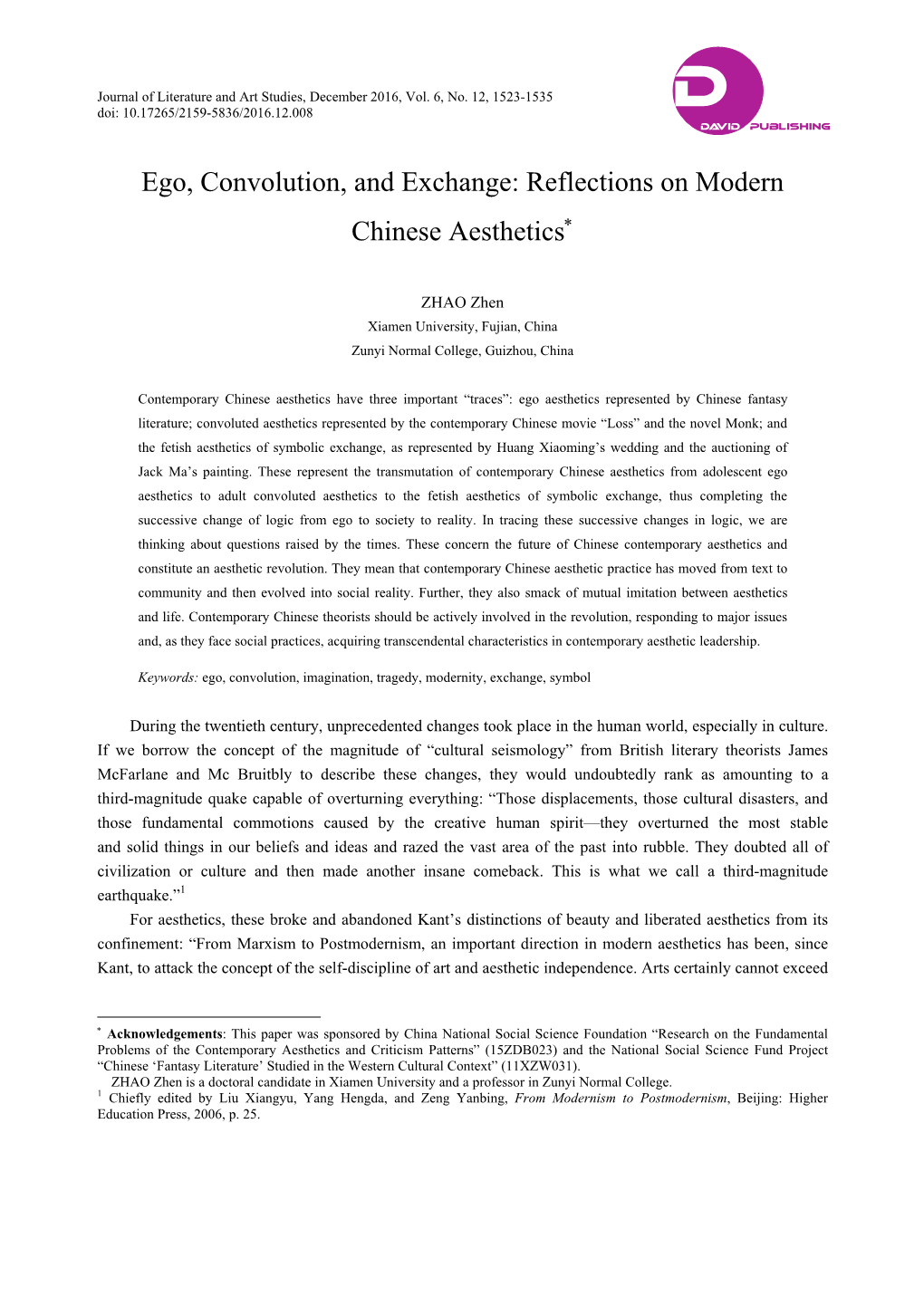 Ego, Convolution, and Exchange: Reflections on Modern Chinese Aesthetics