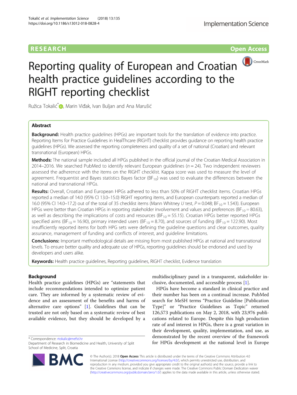 Reporting Quality of European and Croatian Health Practice Guidelines According to the RIGHT Reporting Checklist