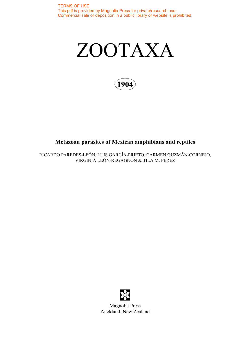 Zootaxa, Metazoan Parasites of Mexican Amphibians and Reptiles