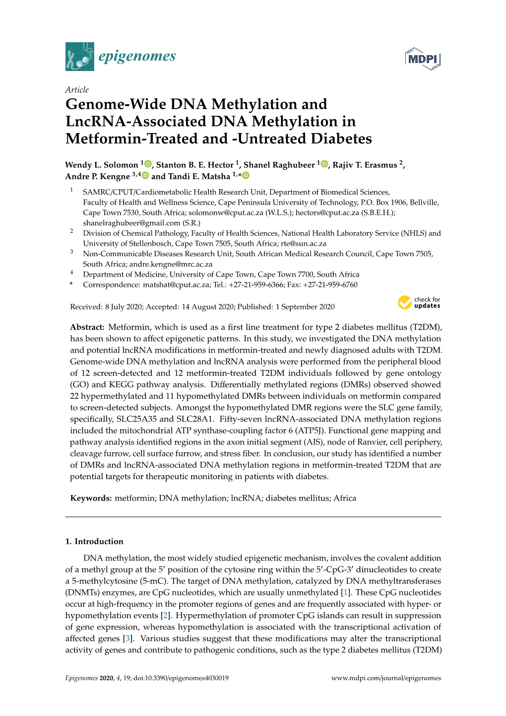 Genome-Wide DNA Methylation and Lncrna-Associated DNA Methylation in Metformin-Treated and -Untreated Diabetes