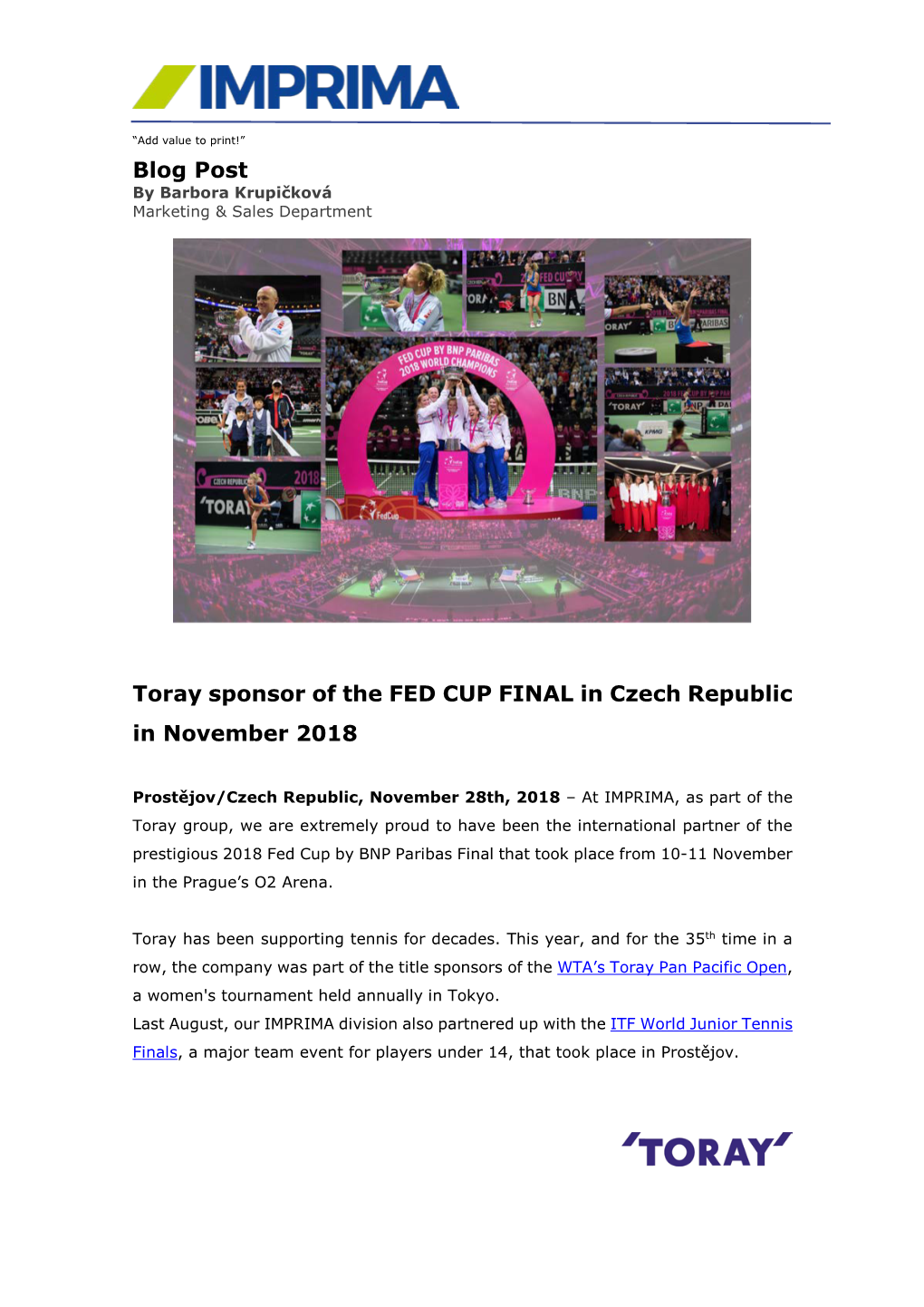 Toray Sponsor of the FED CUP FINAL in Czech Republic in November 2018