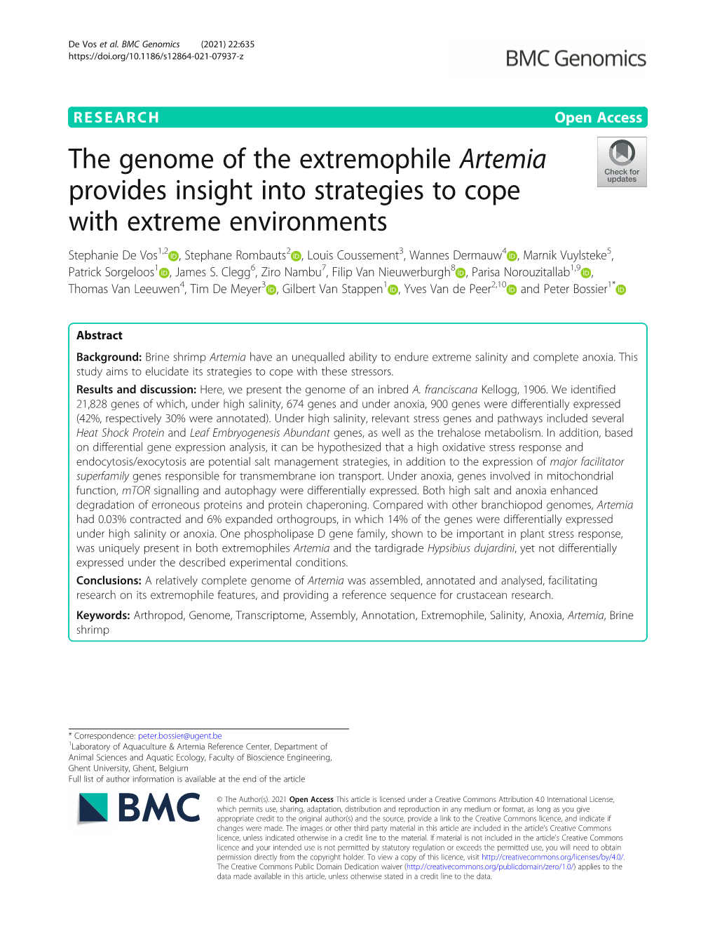 The Genome of the Extremophile Artemia Provides Insight Into