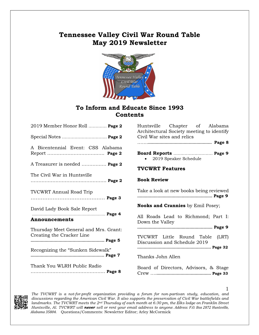 Tennessee Valley Civil War Round Table May 2019 Newsletter