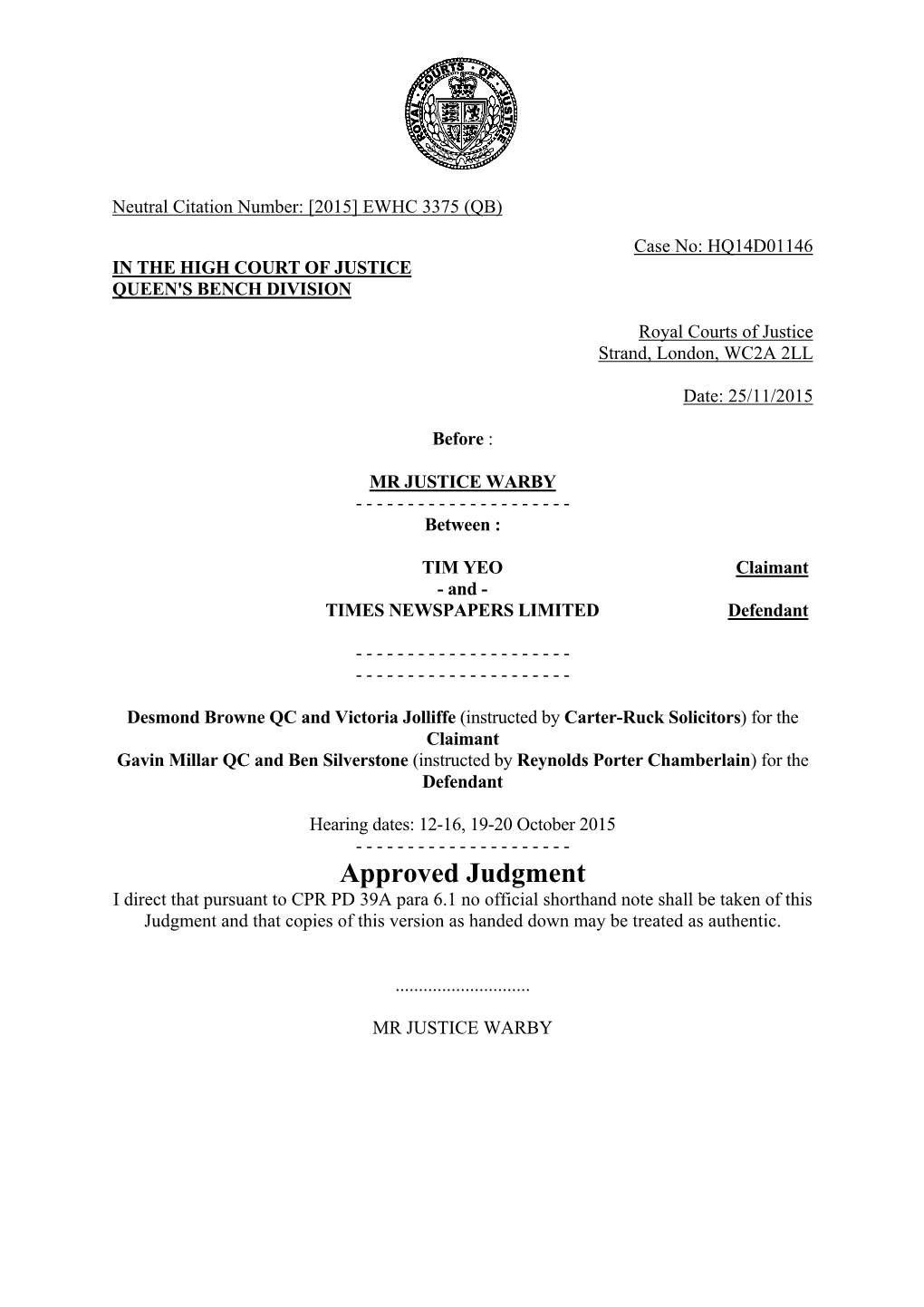 Yeo V Times Newspapers Approved Judgment