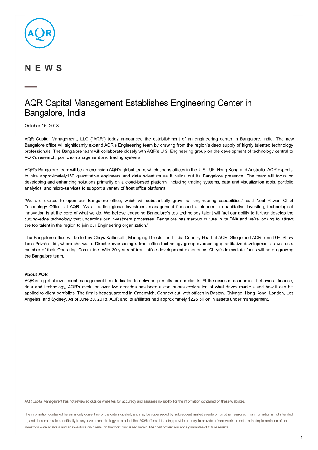 AQR Capital Management Establishes Engineering Center in Bangalore, India
