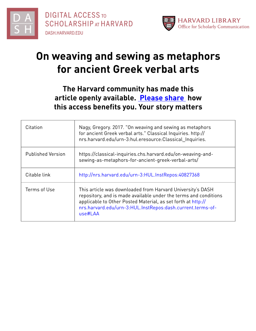 On Weaving and Sewing As Metaphors for Ancient Greek Verbal Arts