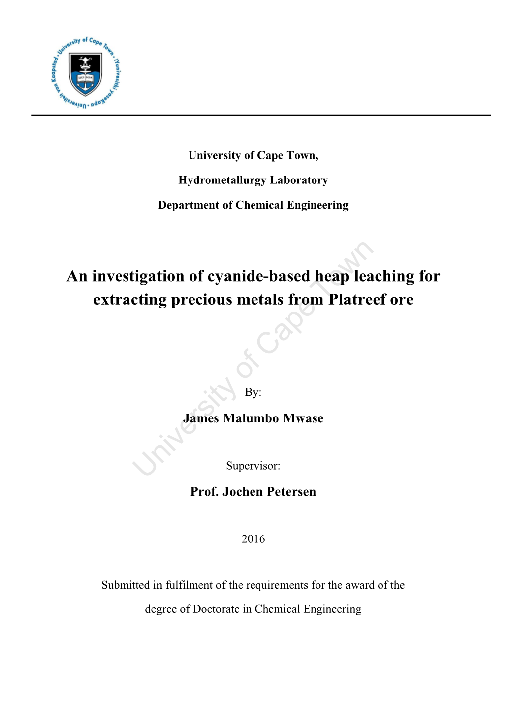 An Investigation of Cyanide-Based Heap Leaching for Extracting Precious Metals Fromtown Platreef Ore