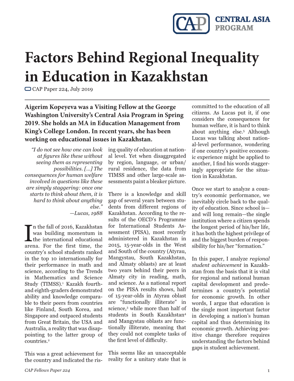 Factors Behind Regional Inequality in Education in Kazakhstan CAP Paper 224, July 2019