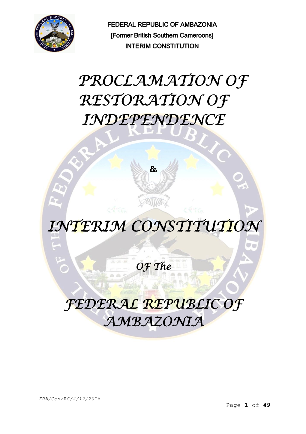 Interim Constitution of the Federal Republic of Ambazonia