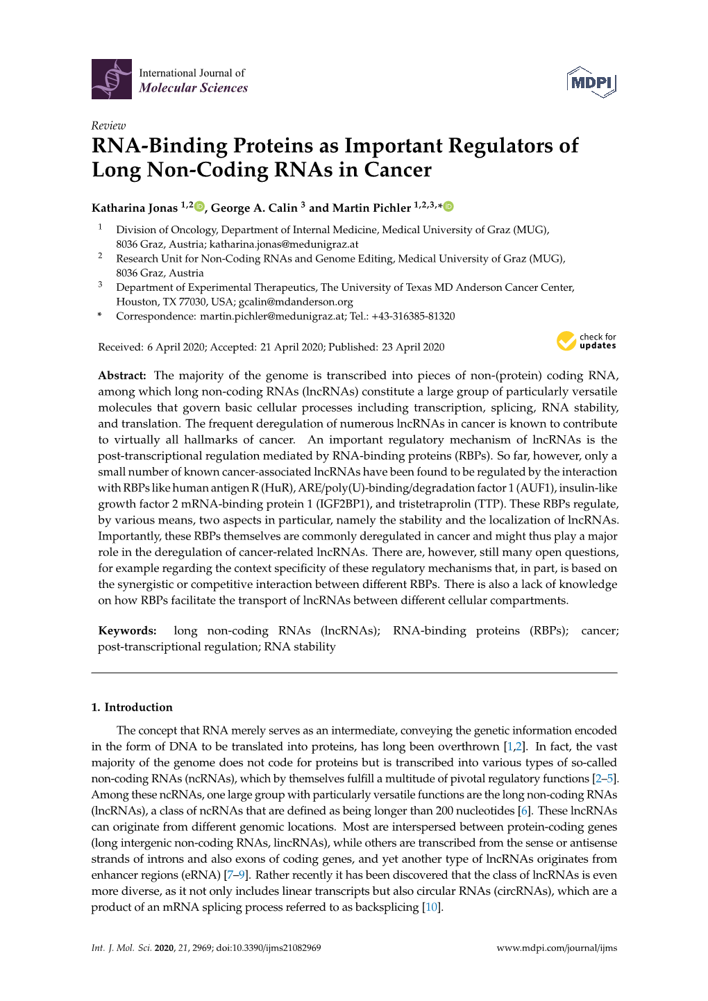 RNA-Binding Proteins As Important Regulators of Long Non-Coding Rnas in Cancer