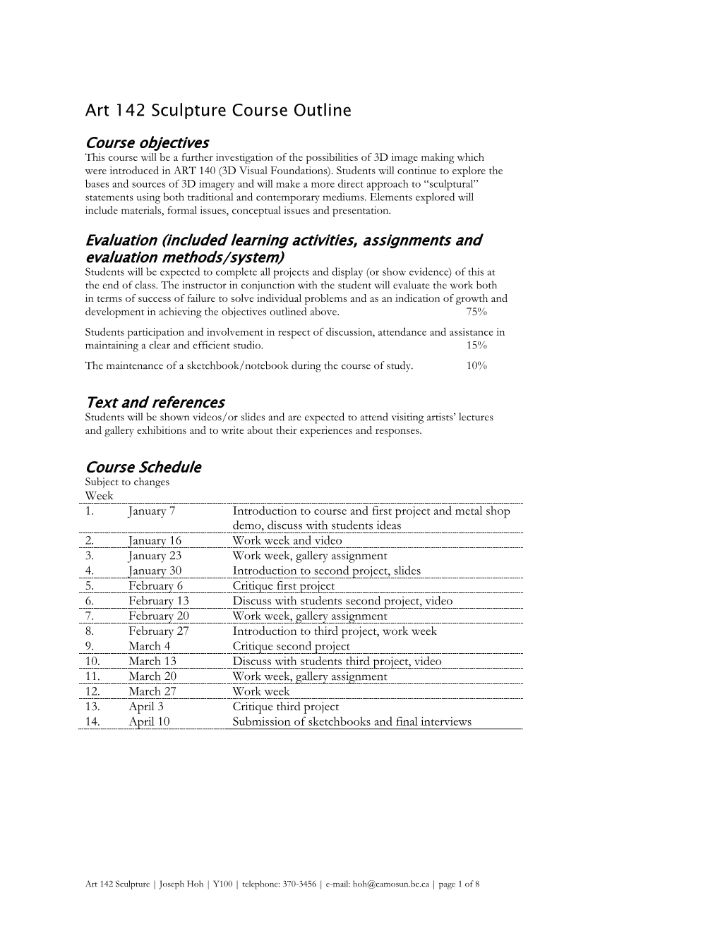 Art 142 Sculpture Course Outline and Plan