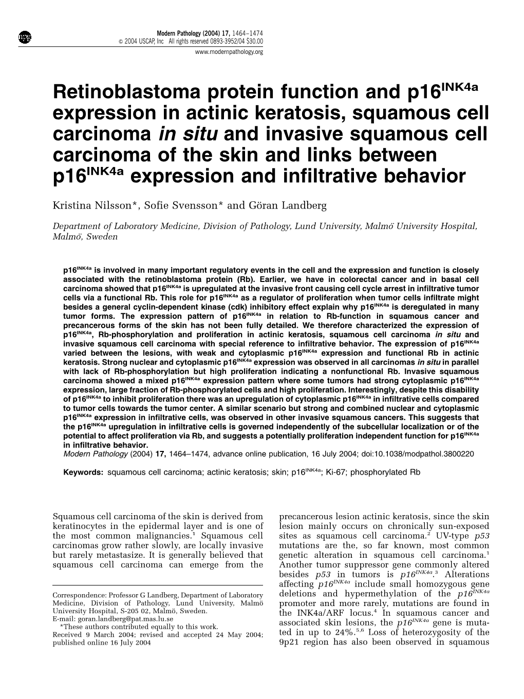 Retinoblastoma Protein Function and P16ink4a Expression in Actinic