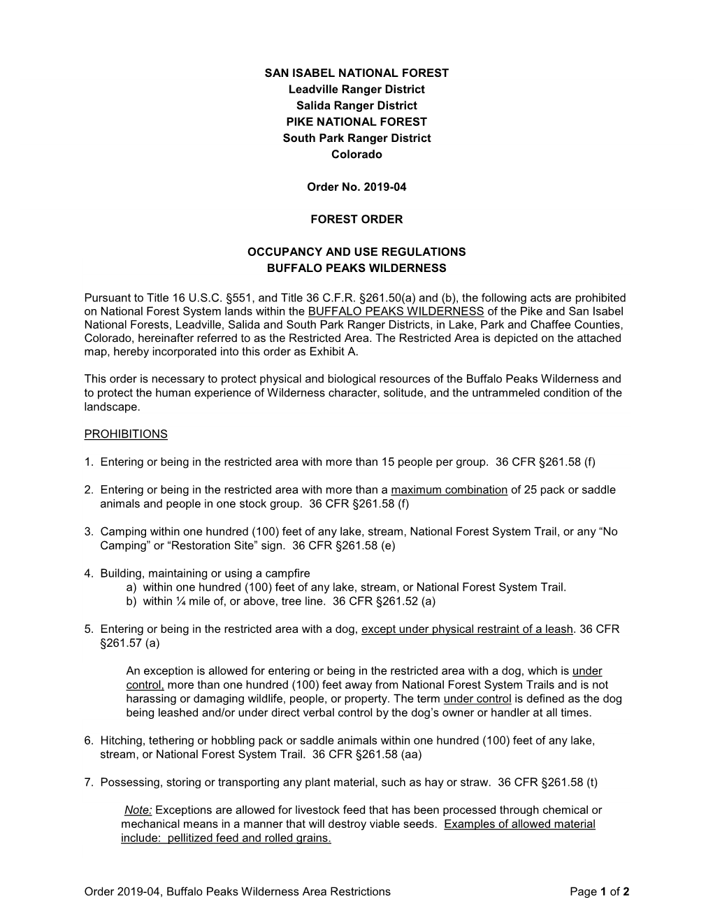 Order 2019-04, Buffalo Peaks Wilderness Area Restrictions Page 1 of 2 SAN ISABEL NATIONAL FOREST Leadville Ranger District Salid